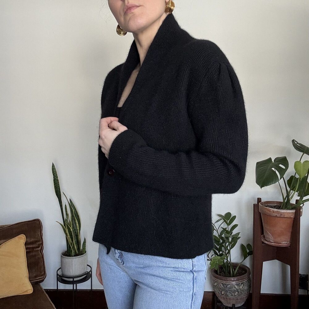 Vintage Black Angora Blend Cropped Cardigan Soft Fuzzy Minimal Sweater